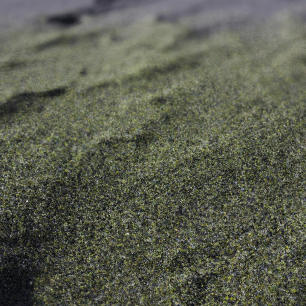 The unique green color of the sand at the green sand beach in Hawaii