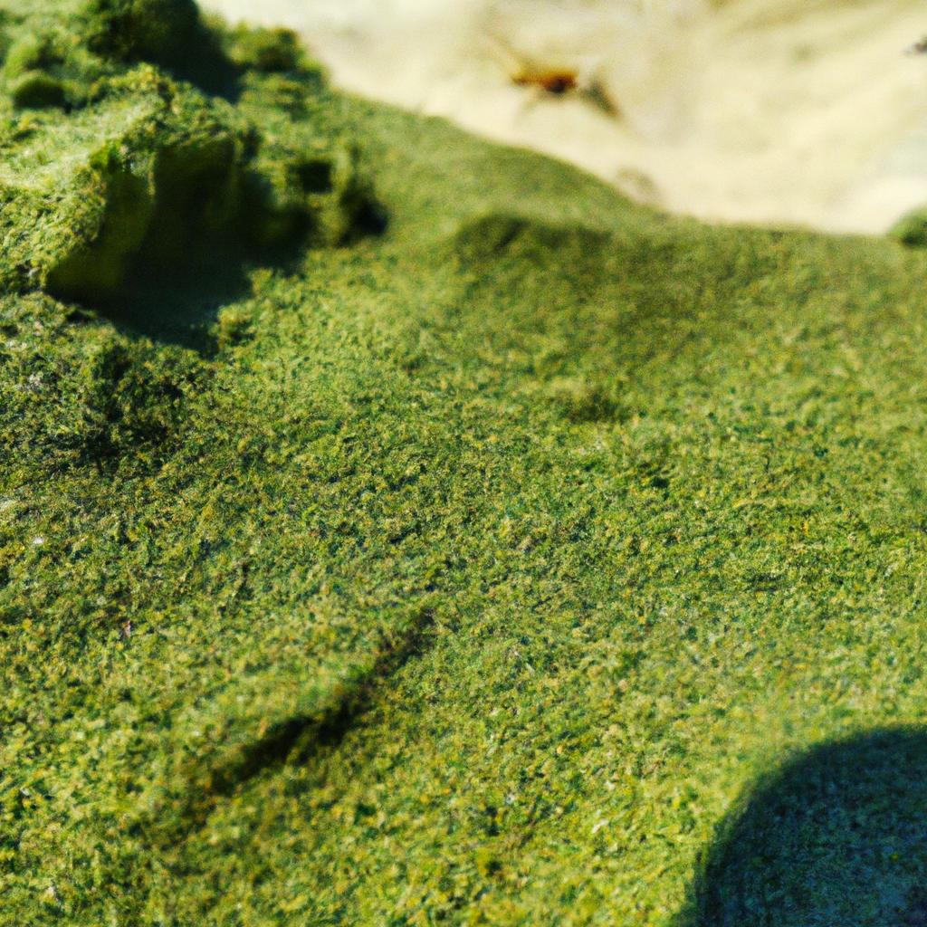 The vibrant green color of the sand on [location]'s green sand beach.
