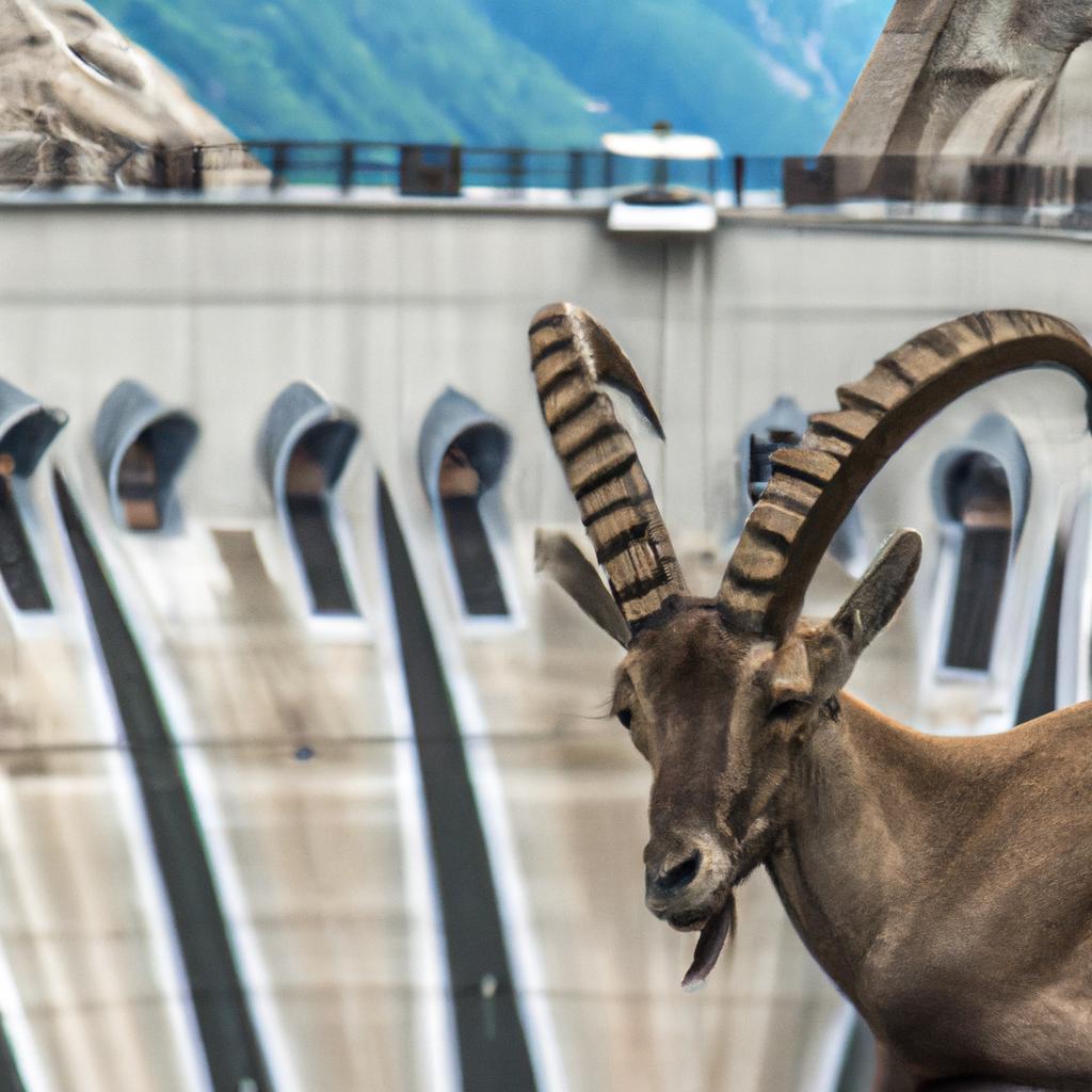 A beautiful shot of an ibex with the dam in the background.