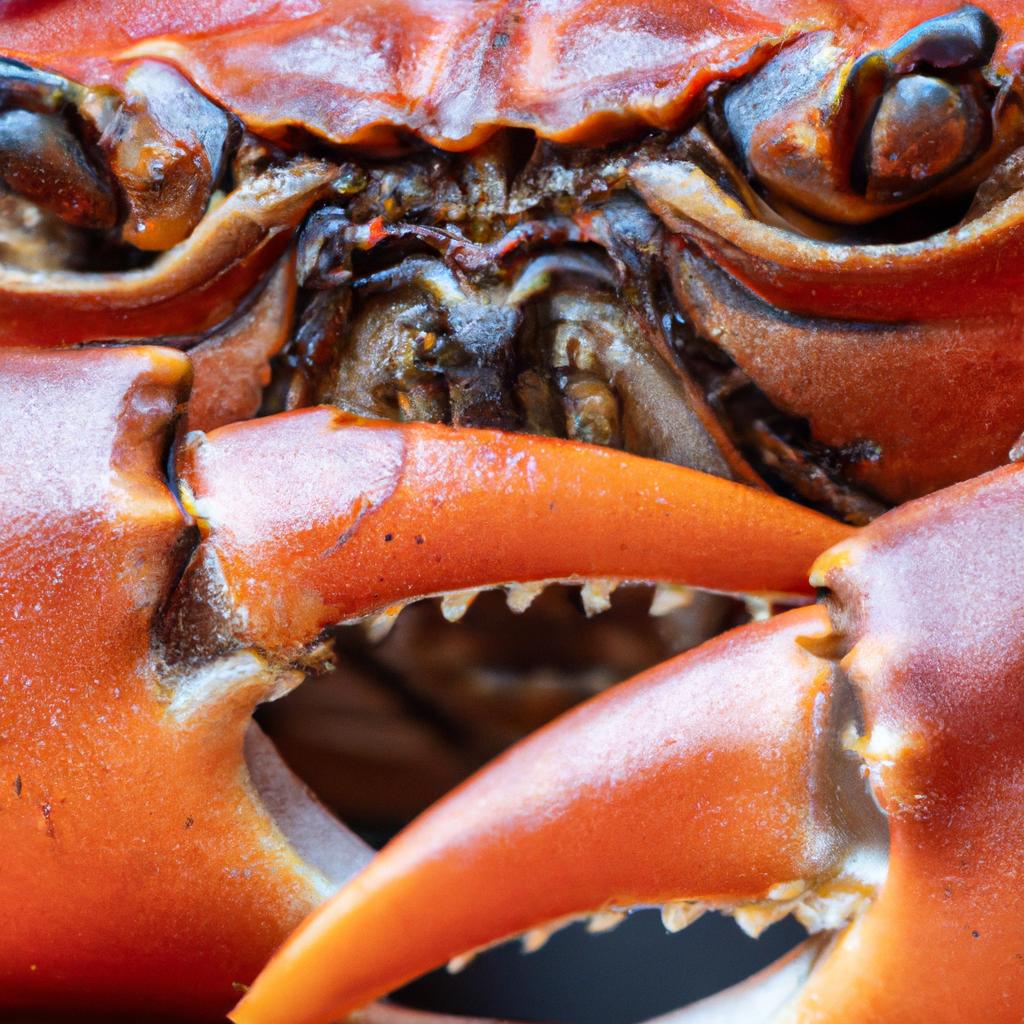 Close-up of a red crab's face and claws