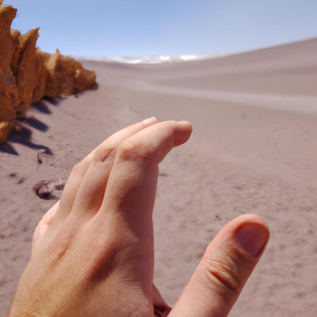 This close-up shot of the Hand Atacama Desert reveals intricate details of the rock formation.