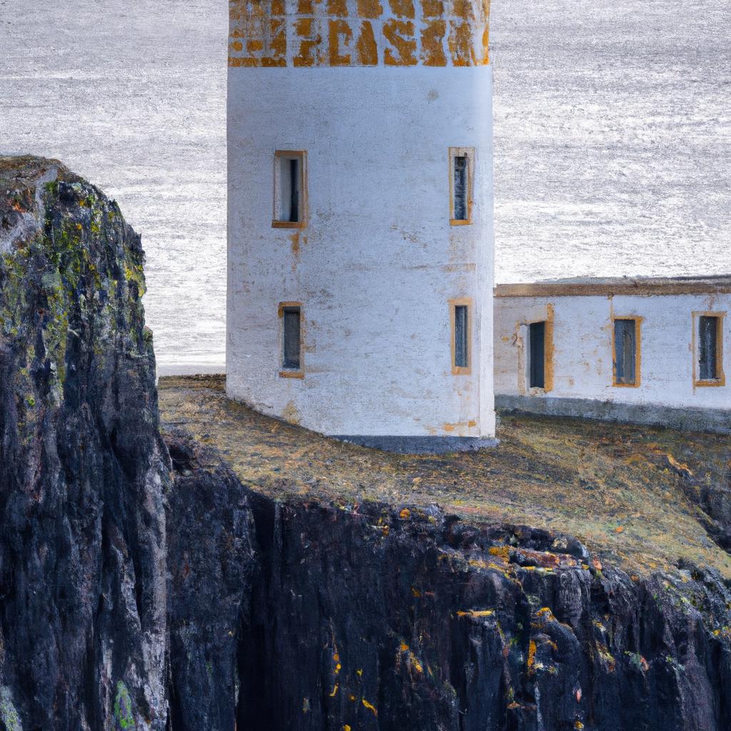 Neist Point Lighthouse is an iconic landmark in Scotland, standing tall against the dramatic backdrop of the sea and sky.