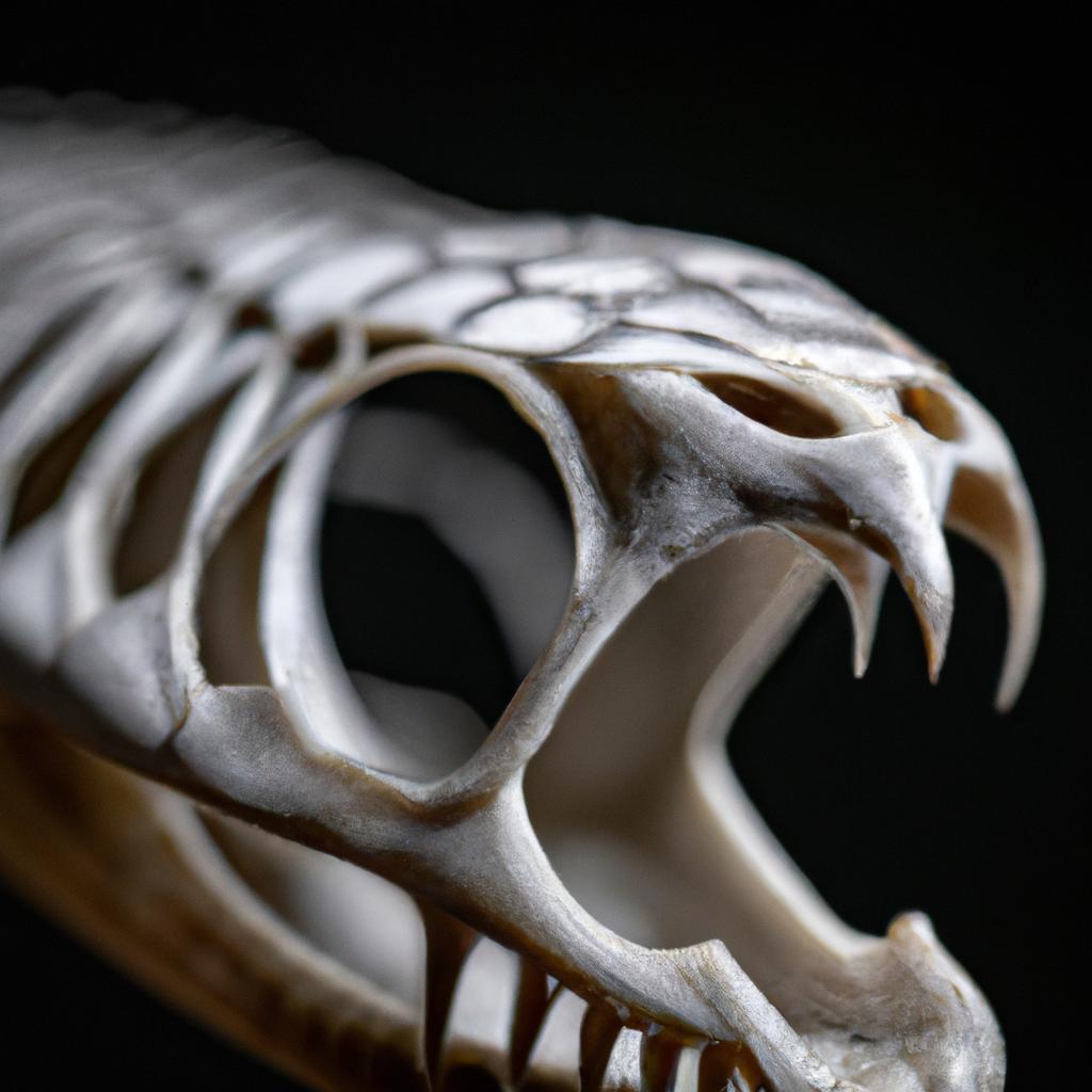 The intricate details of a skeleton snake's skull on display in this close-up photo.
