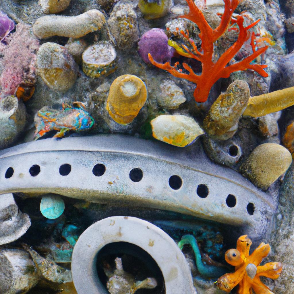 A stunning close-up of a submarine sculpture adorned with vibrant coral and sea creatures