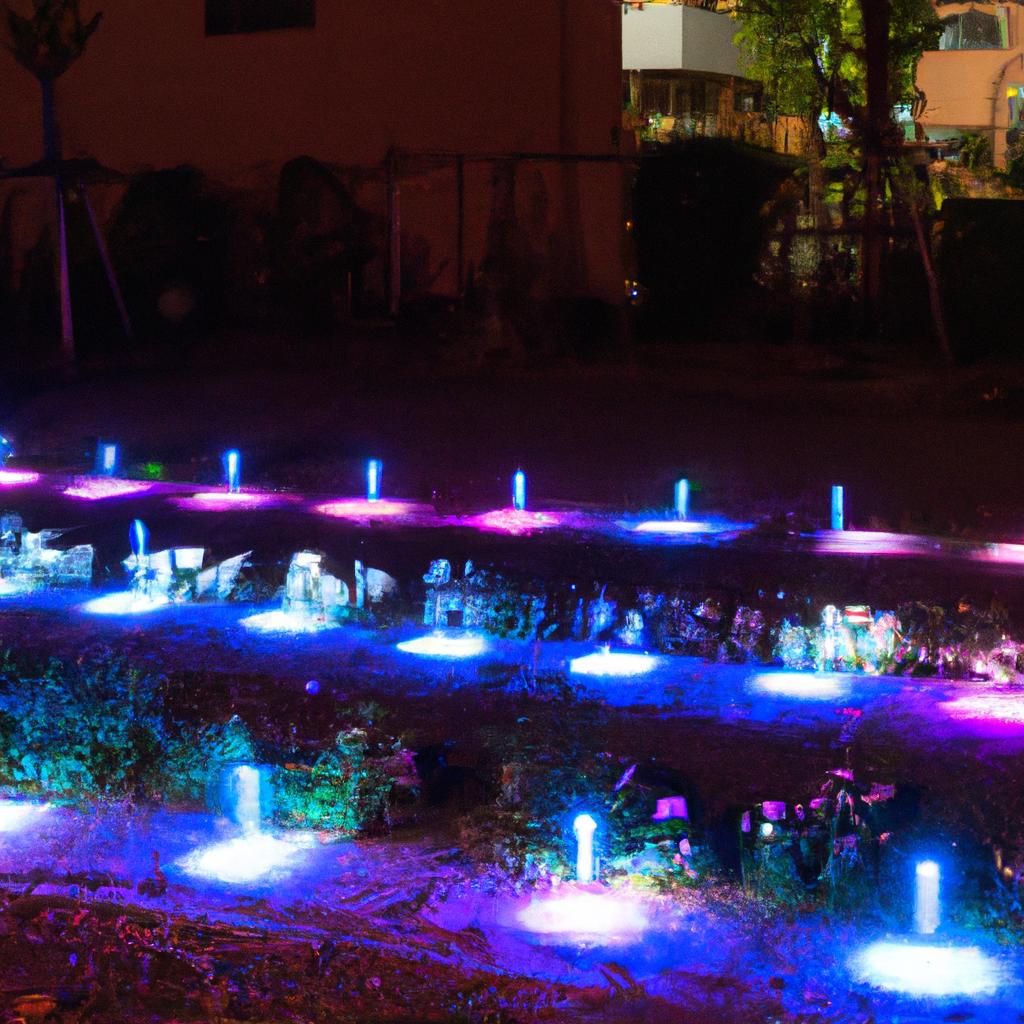 LED lights that change colors create a playful and whimsical vibe in this garden