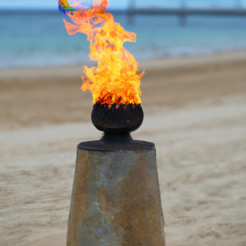 The eternal flame illuminates the beach with a rainbow of colors, creating a breathtaking sight.