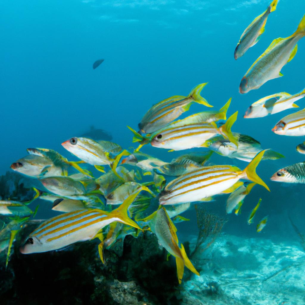 The Caribbean Blue Hole is home to a diverse range of marine life, including this school of colorful fish