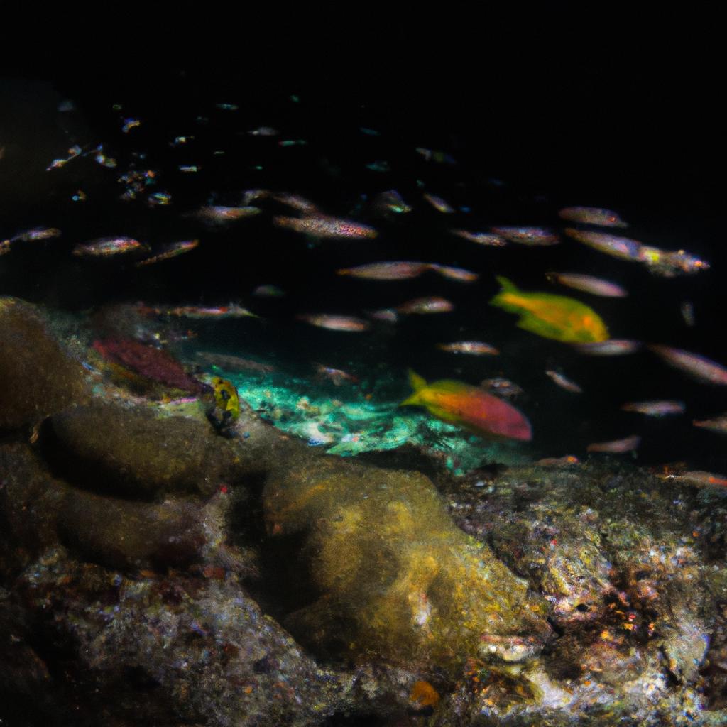 The coral reef comes alive at night with a variety of marine life, including this school of fish.