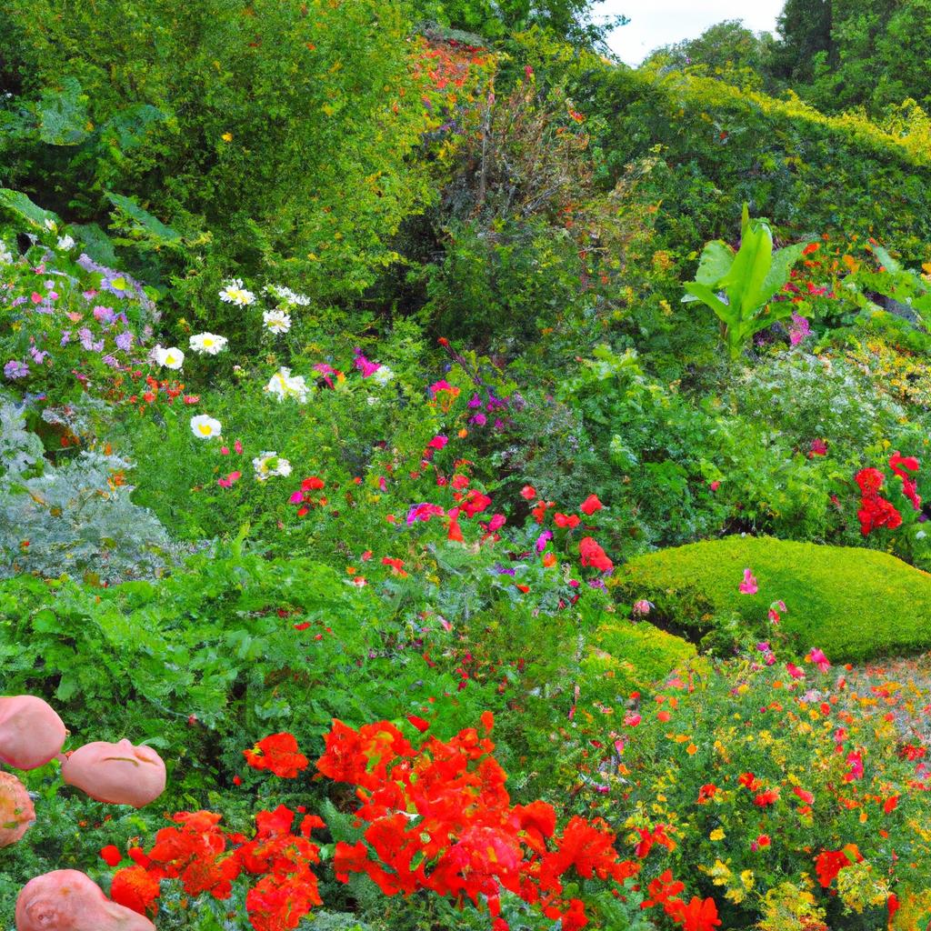 This vibrant English garden showcases the beauty of nature through its colorful flowers and well-manicured hedges