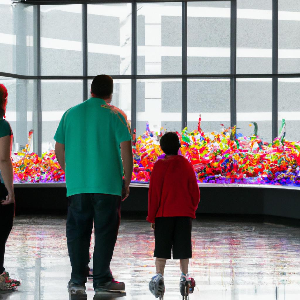 Visitors enjoying the vibrant glass art exhibit at the Seattle Glass Museum.