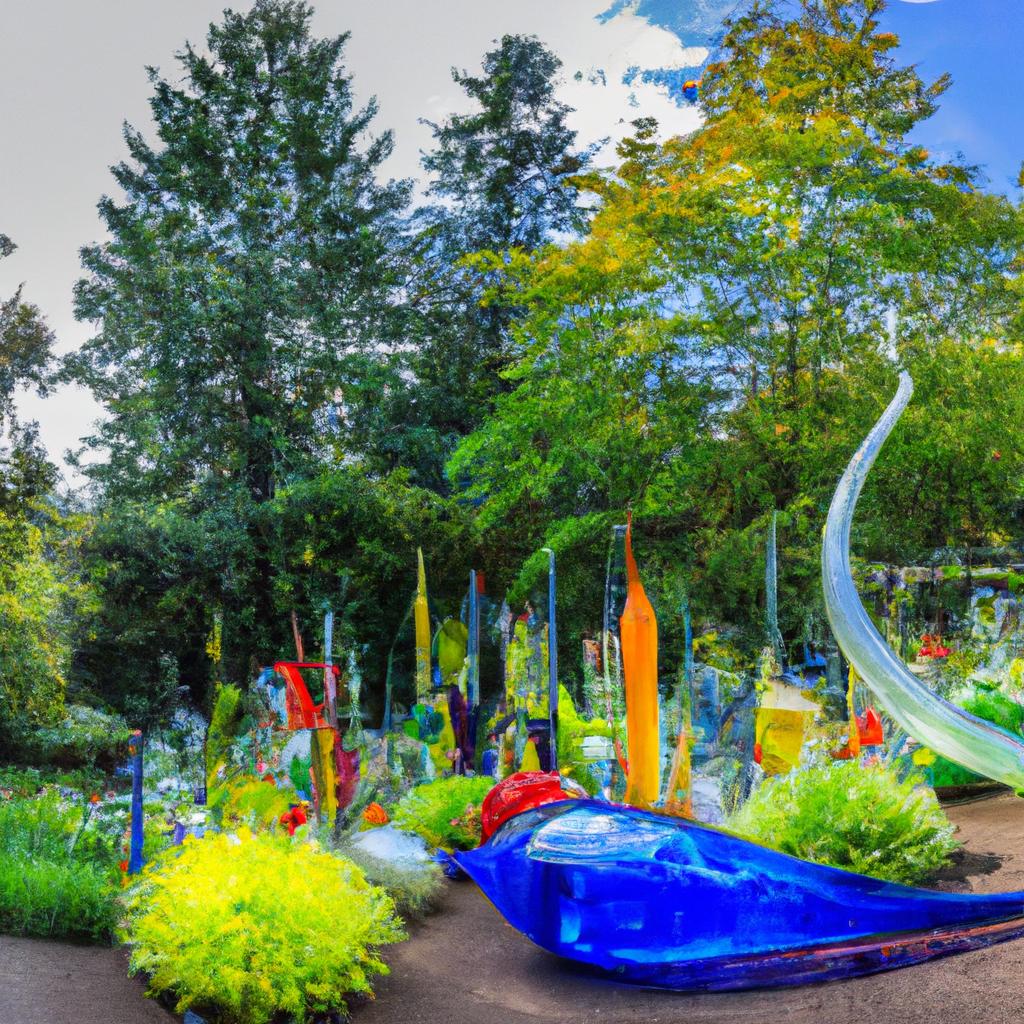 A panoramic view of the colorful glass sculptures in The Glass Garden Seattle