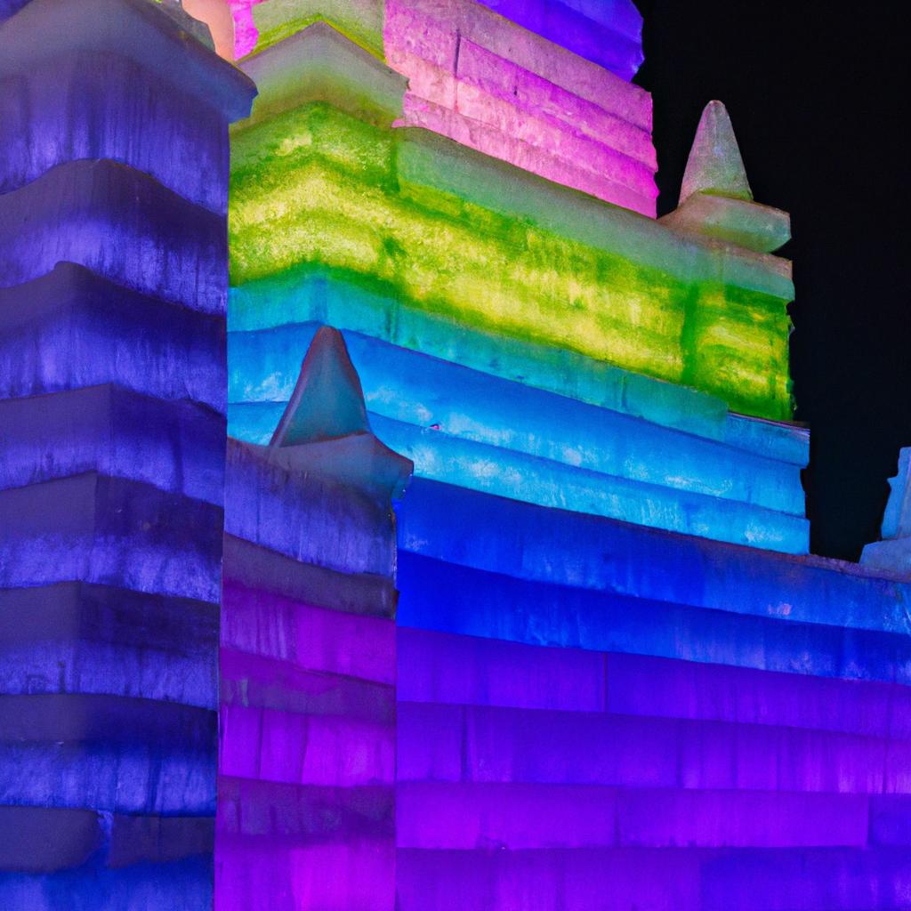 A magical ice castle illuminated at night in Harbin.