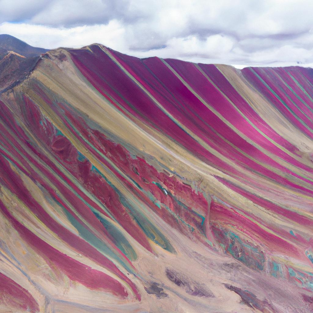 From above, the colorful mountain in Peru looks like a work of art with its vibrant color striations.