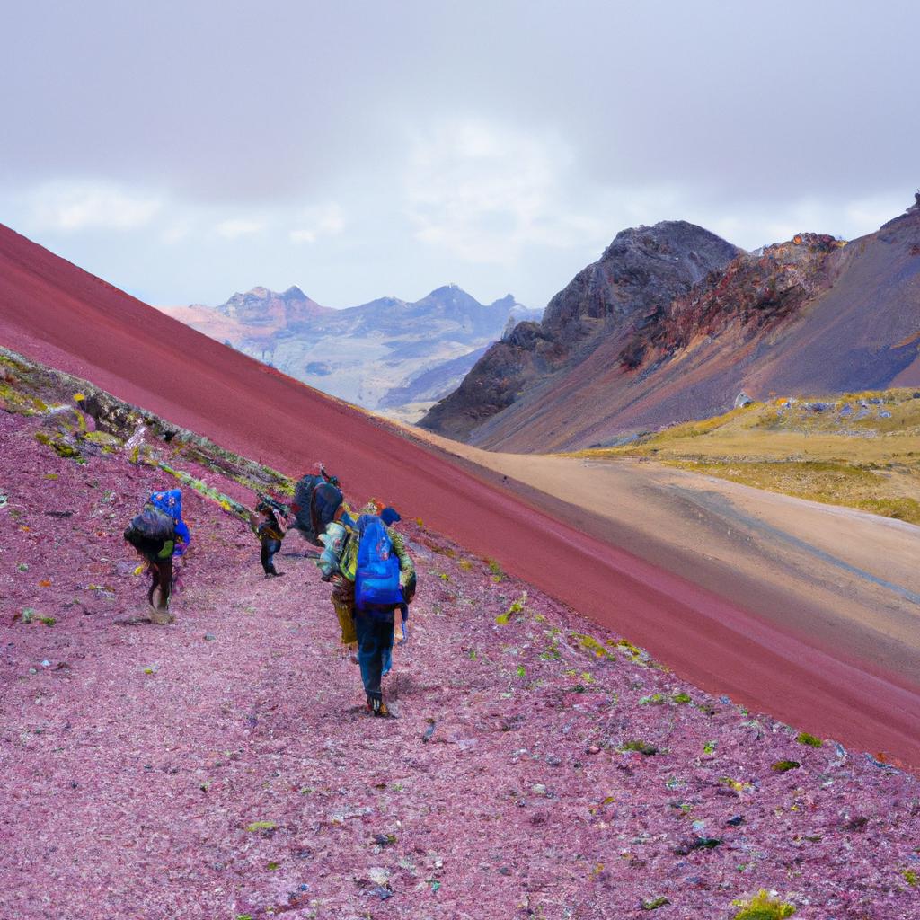 Hiking up the colorful mountain in Peru is a popular activity among tourists and locals alike.