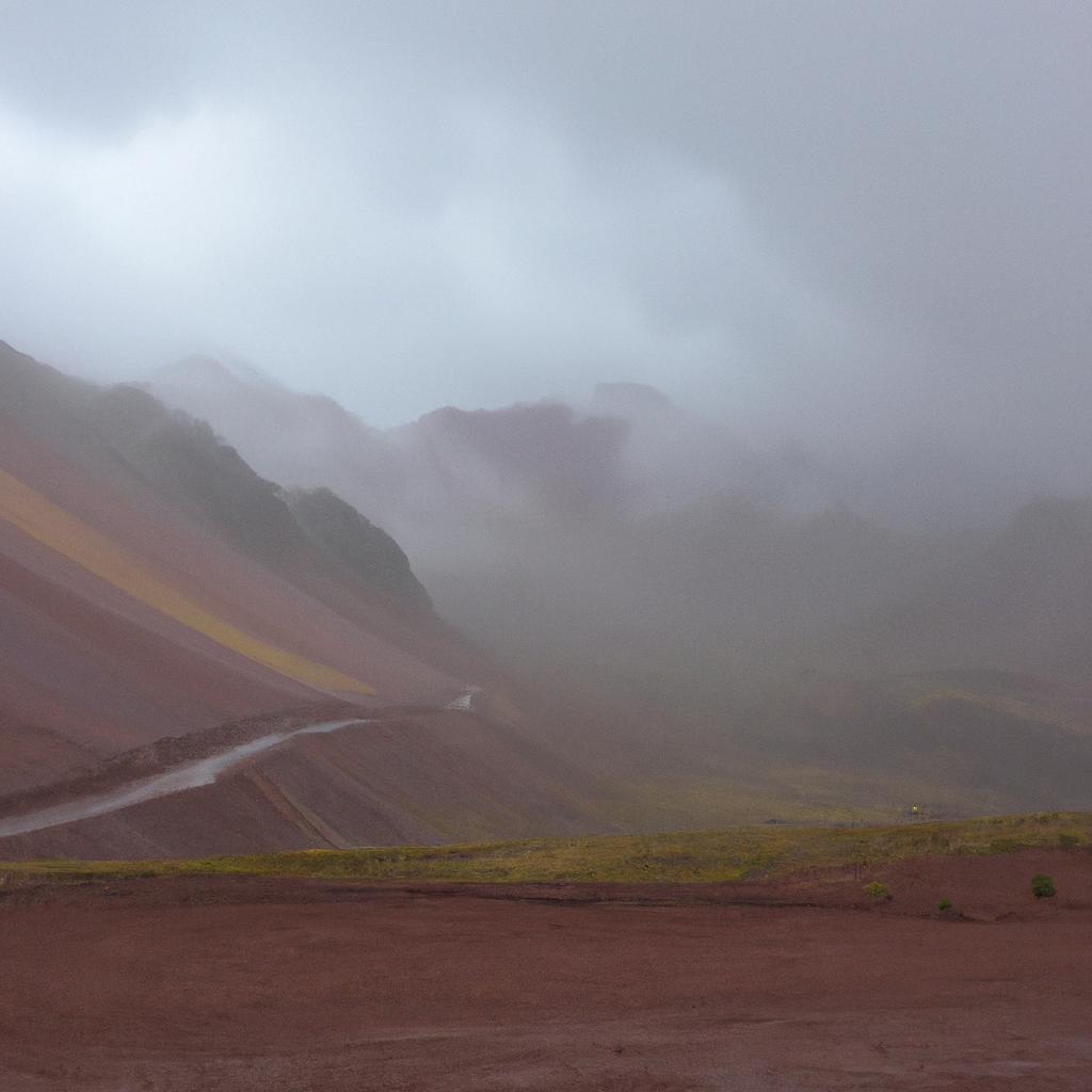 On misty days, the colorful mountain in Peru takes on an ethereal quality, shrouding its beauty in mystery.