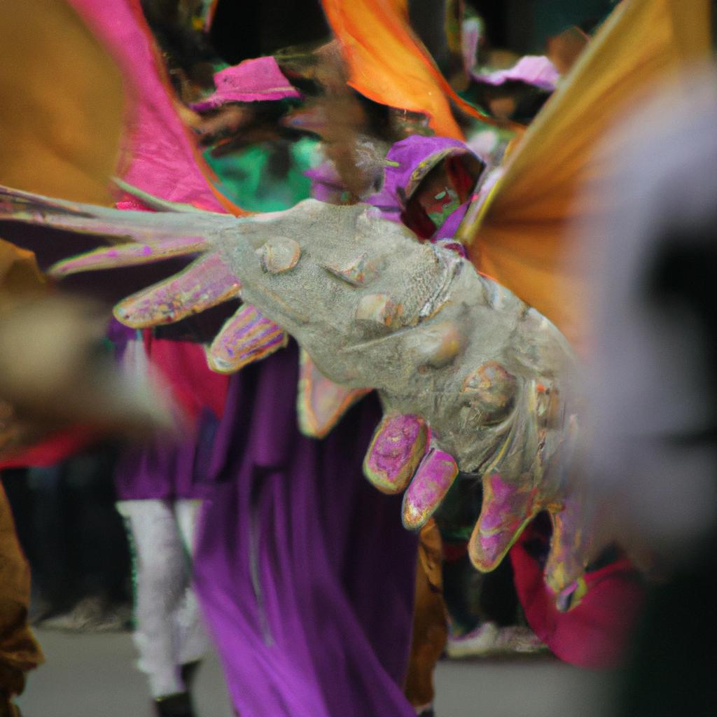 The colorful and lively parade winds its way through the city streets.