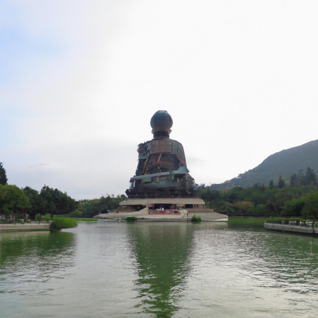 A majestic Buddha statue surrounded by serene waters