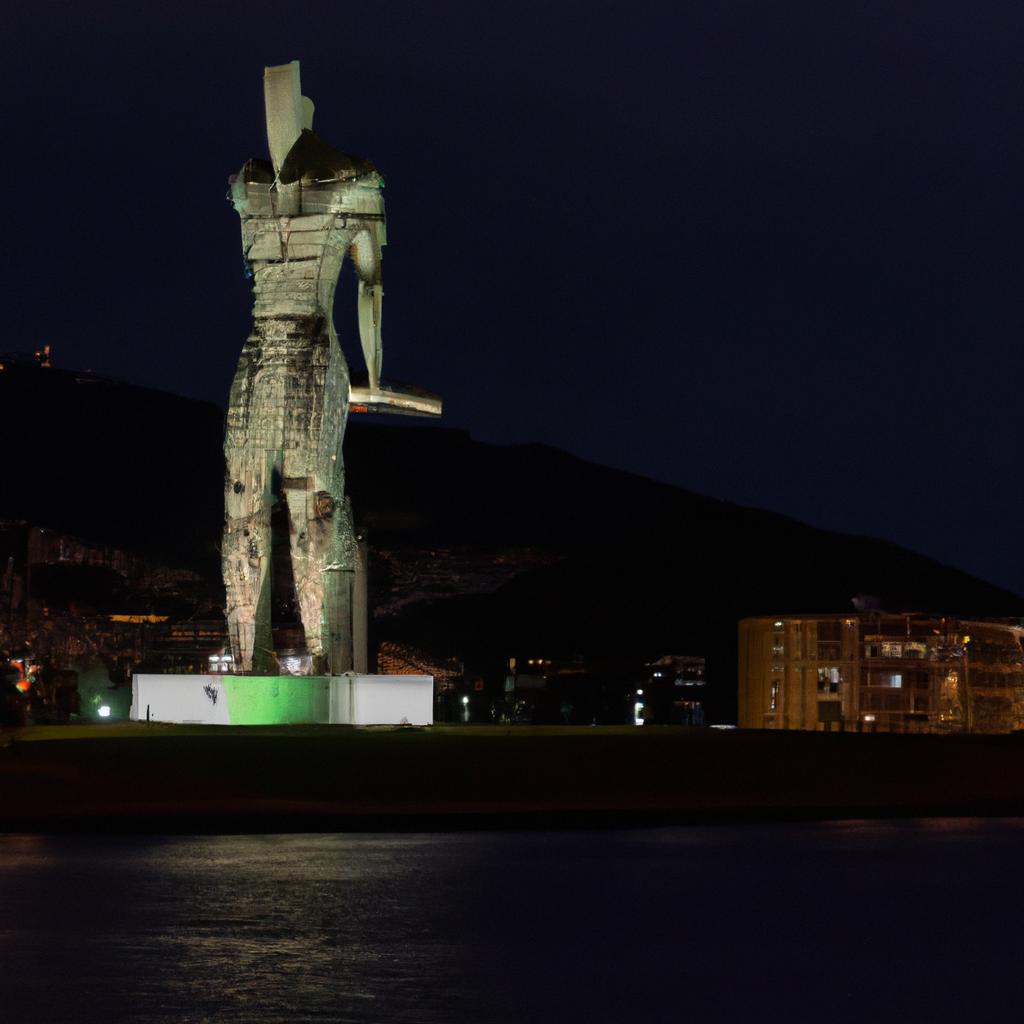 The Colossus statue takes on a magical quality at night, with its imposing figure lit up against the dark sky