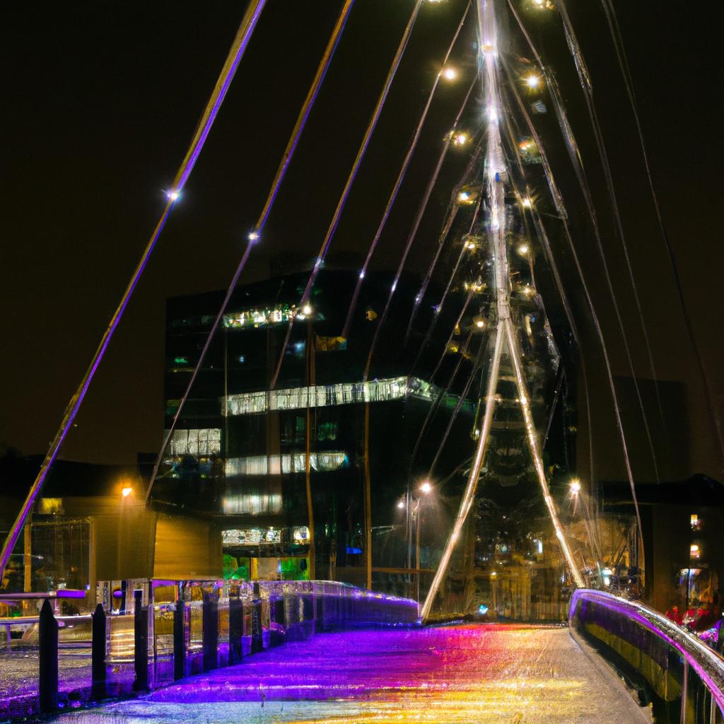 The colorful suspended pedestrian bridge adds to the vibrancy of the city and provides a convenient way for pedestrians to cross