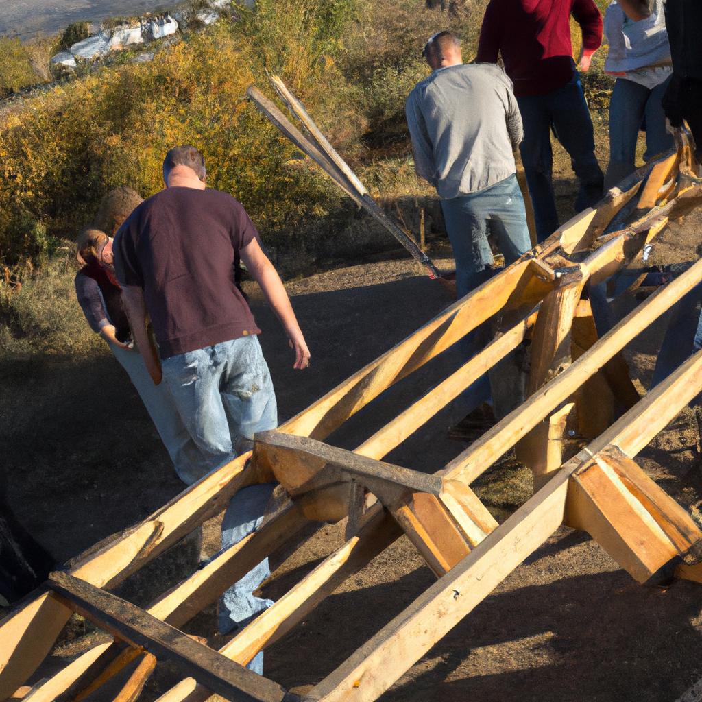 Community members working together to build a hand-built wooden bridge.