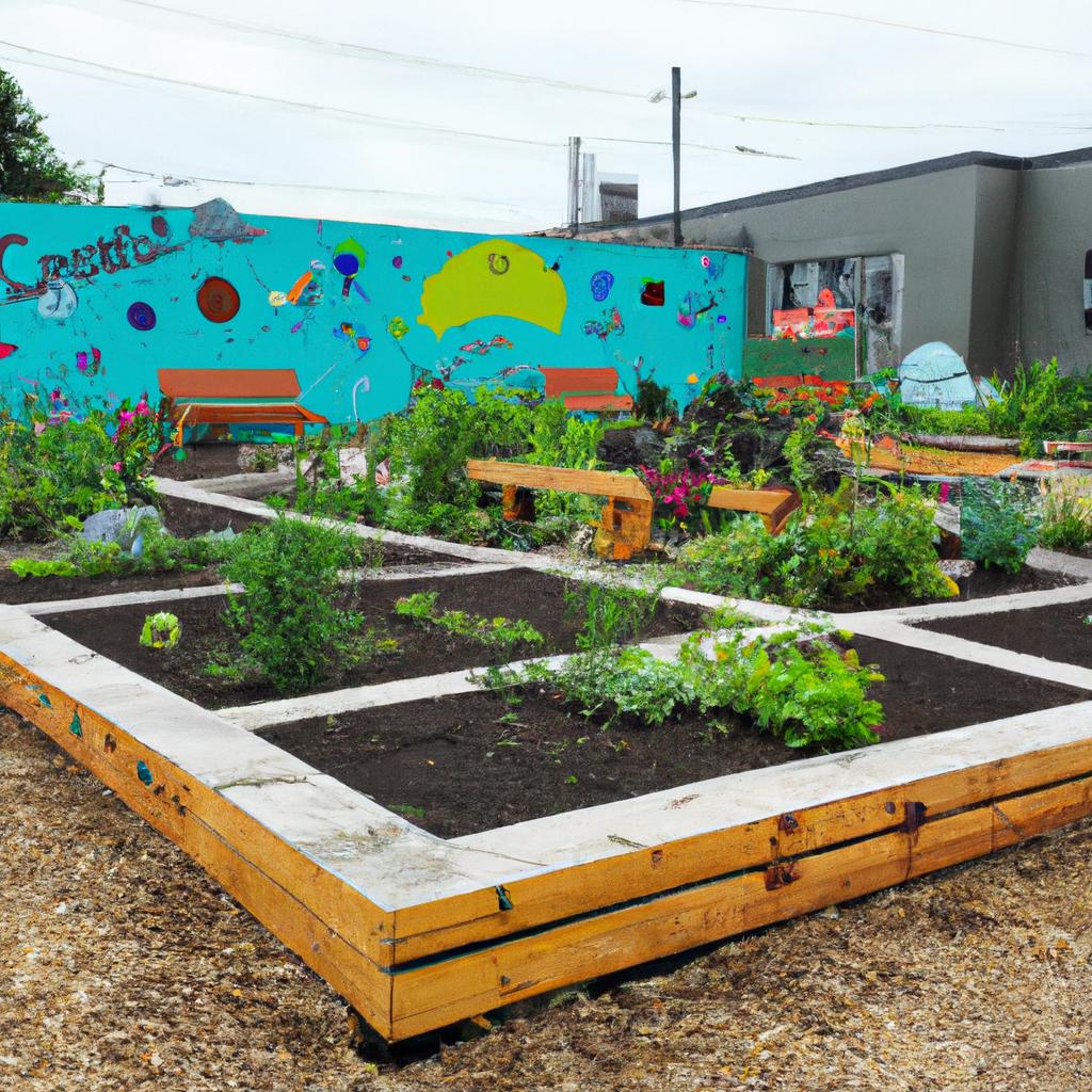 A charming and inclusive community garden design that features raised beds and a communal picnic area