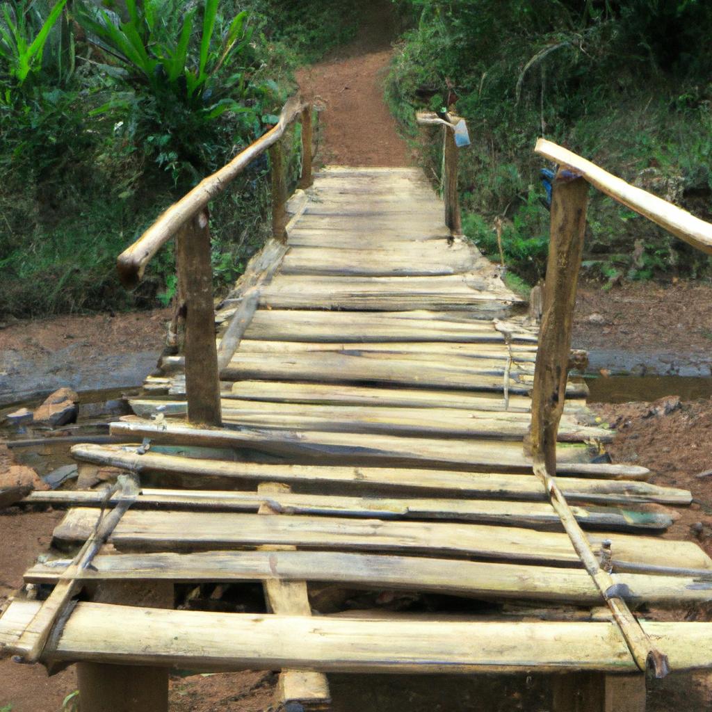Completed wooden bridge built by hand using traditional tools, spanning across a small river.