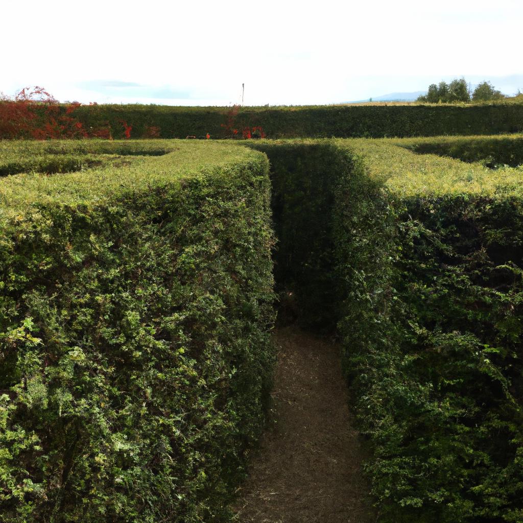 This hedge maze design features a complex and intricate layout, providing a challenging experience for visitors to navigate through.