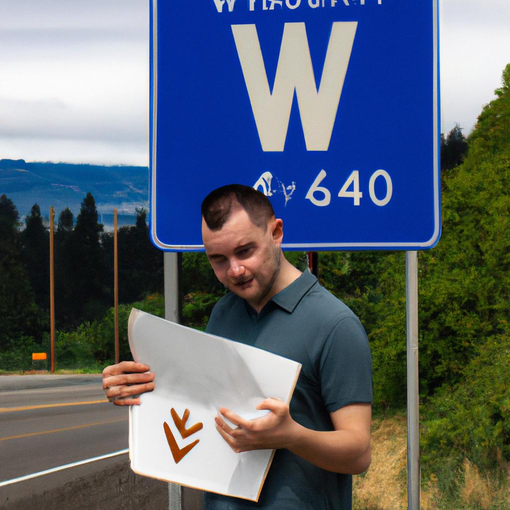 Confused person with map near highway sign