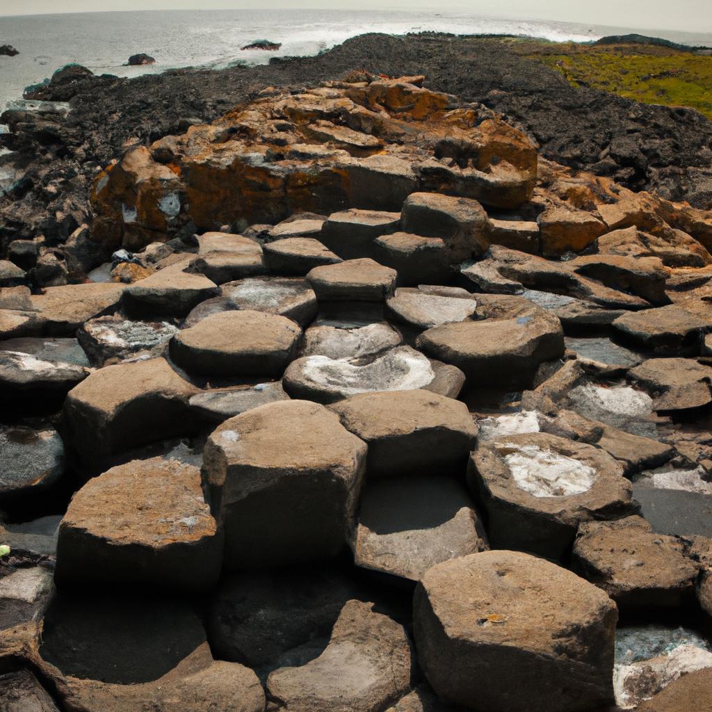 Hot lava cools down and solidifies into rock, forming the unique structures of the Giant's Causeway.