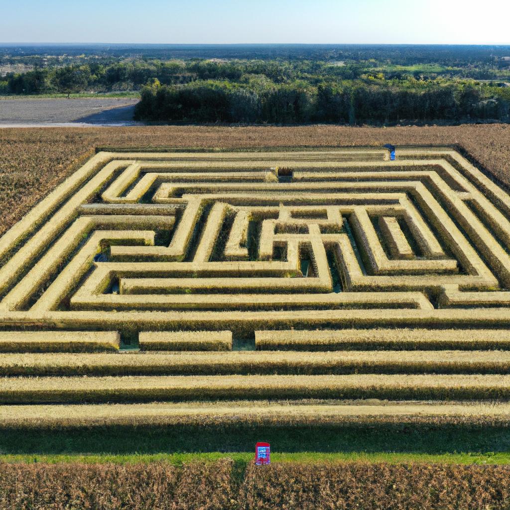 A stunning aerial view of a flag maze made out of cornfields