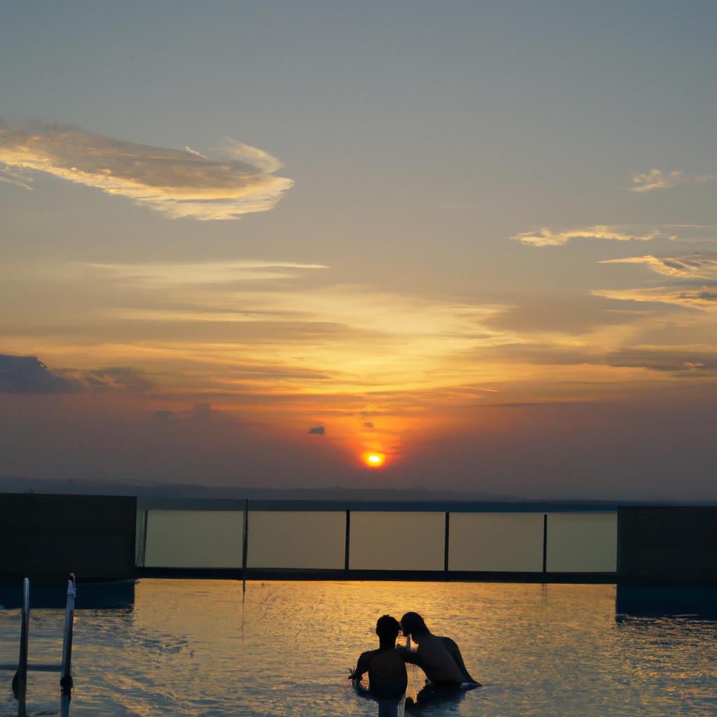The world's longest swimming pool provides a romantic and picturesque setting for couples to spend quality time together. The stunning sunset and calm waters create a serene ambiance for a memorable evening.