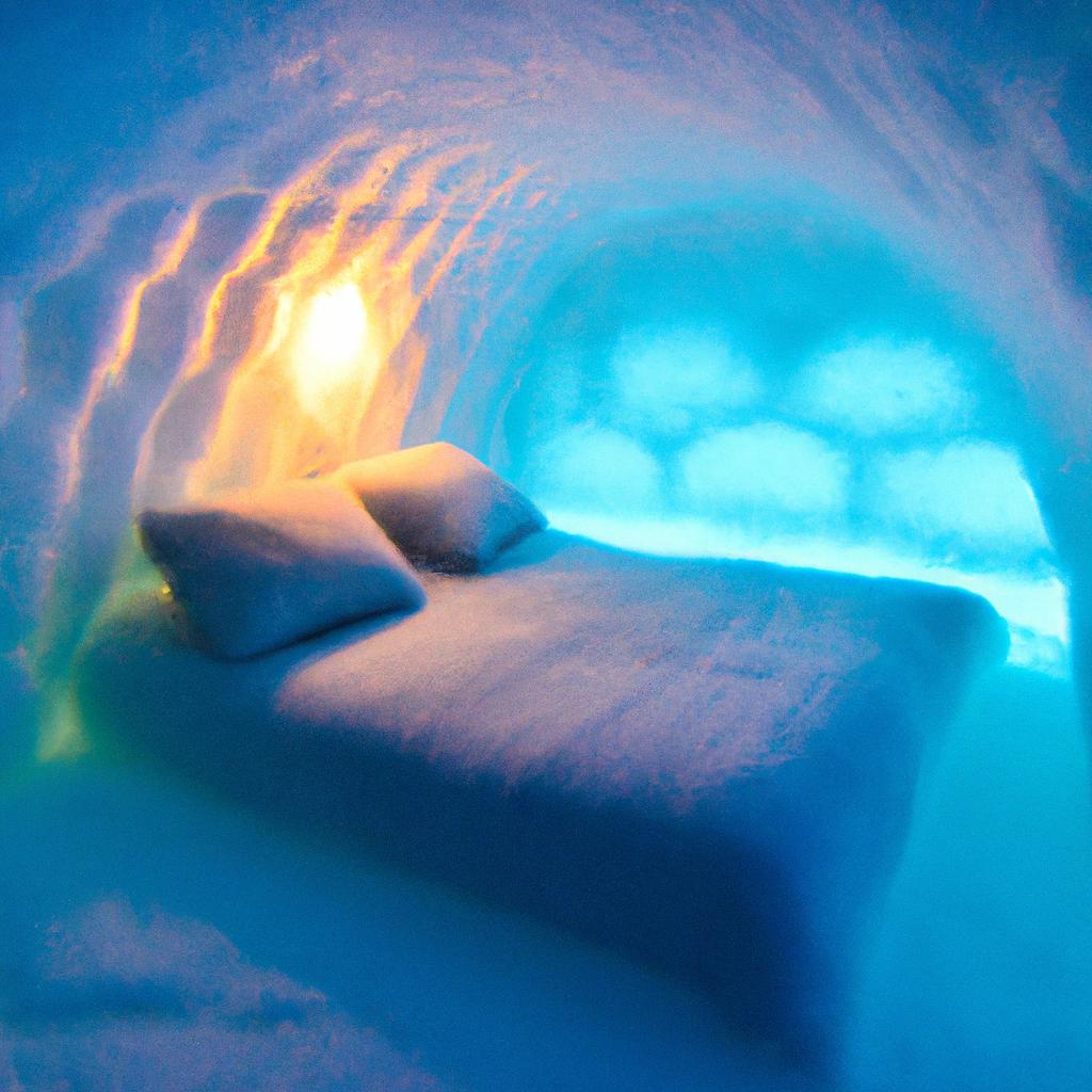 A cozy bedroom inside an ice house with a bed made of ice blocks