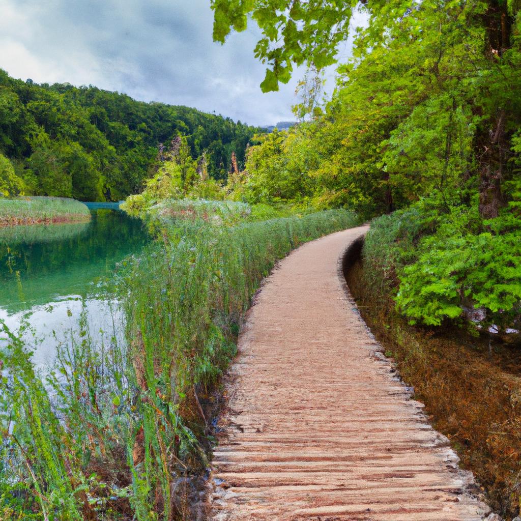 Take a walk on the wooden boardwalk leading to Croatia Lake Plitvice