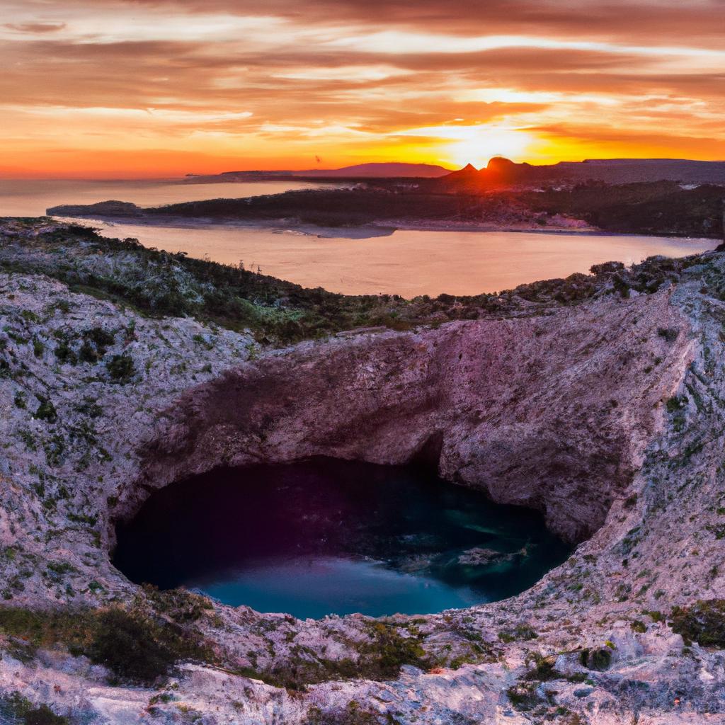 The Croatian Eye of the Earth is a stunning sight at sunset, with the sky above it painted in vibrant colors.