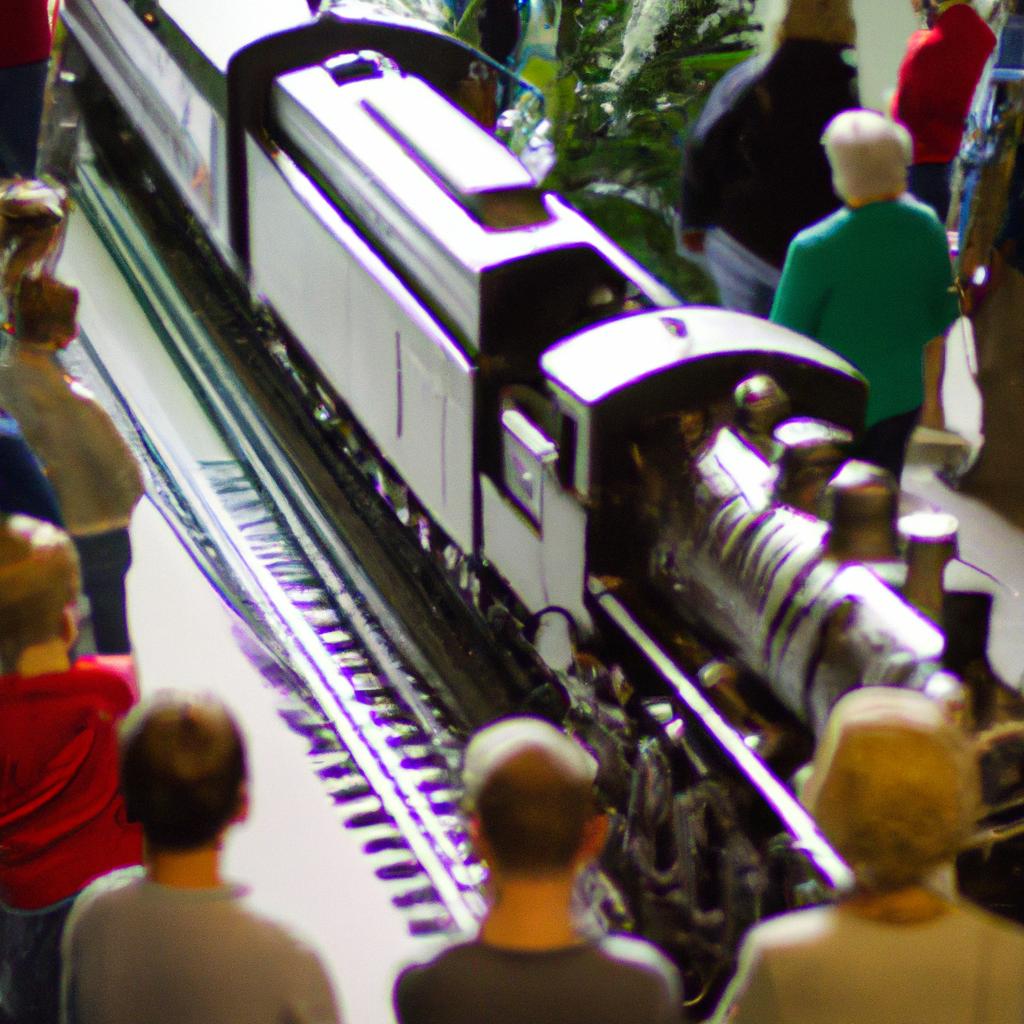 Visitors admiring a large train layout at the NYC train show.