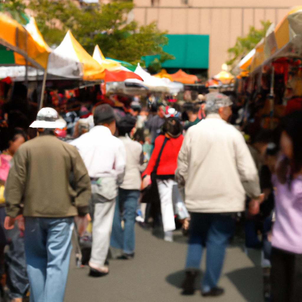 The bustling outdoor market offers a variety of food, drinks, and souvenirs for festival-goers.