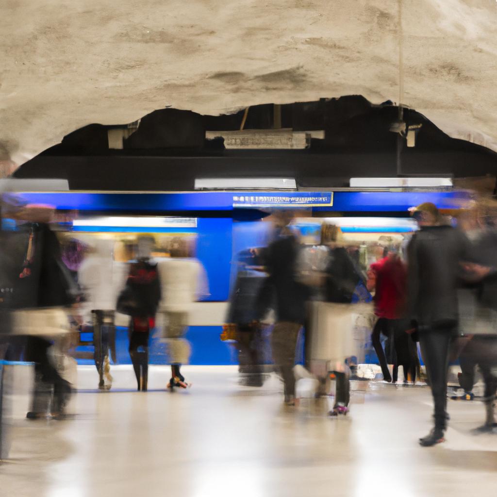 People hurry through the busy Stockholm Underground Station