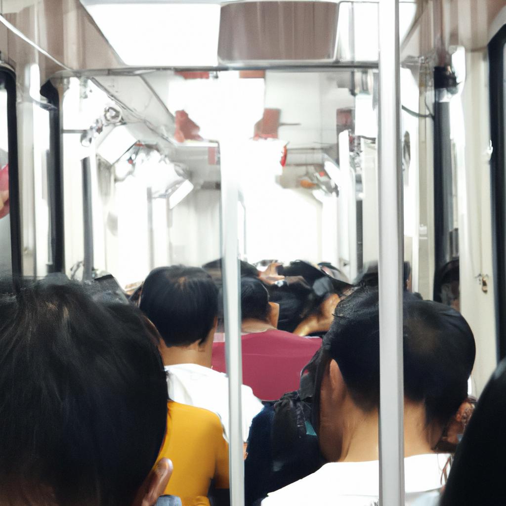 Commuters pack themselves into a crowded train compartment during rush hour