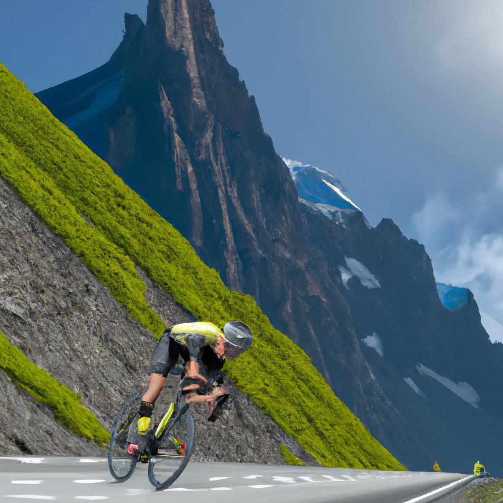 A cyclist pushing their endurance to the limit by climbing a steep mountain incline during a grueling stage of the Tour de France
