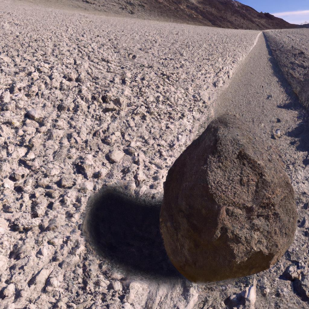 A surreal depiction of the trail left by a moving rock in Death Valley, created by AI image generator DALL·E.