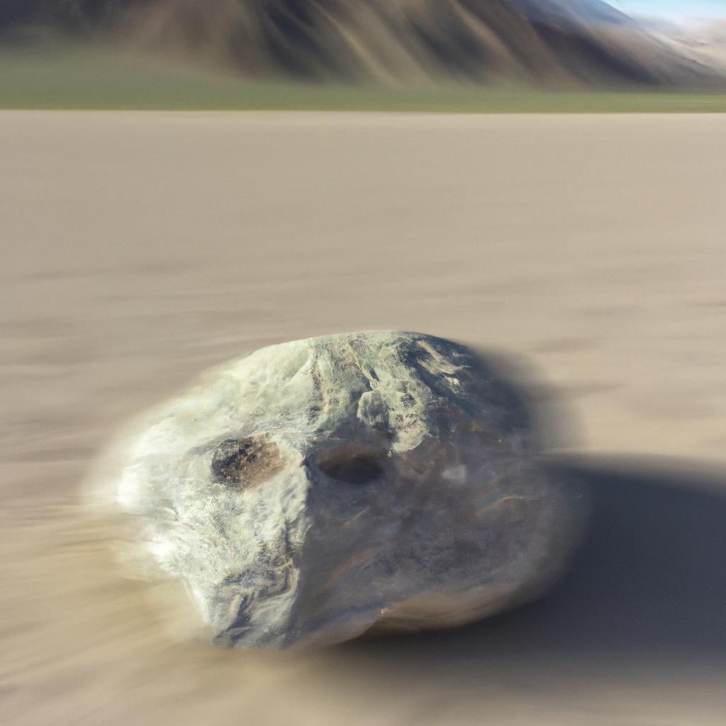 A surreal depiction of the moving rocks phenomenon in Death Valley, created by AI image generator DALL·E.