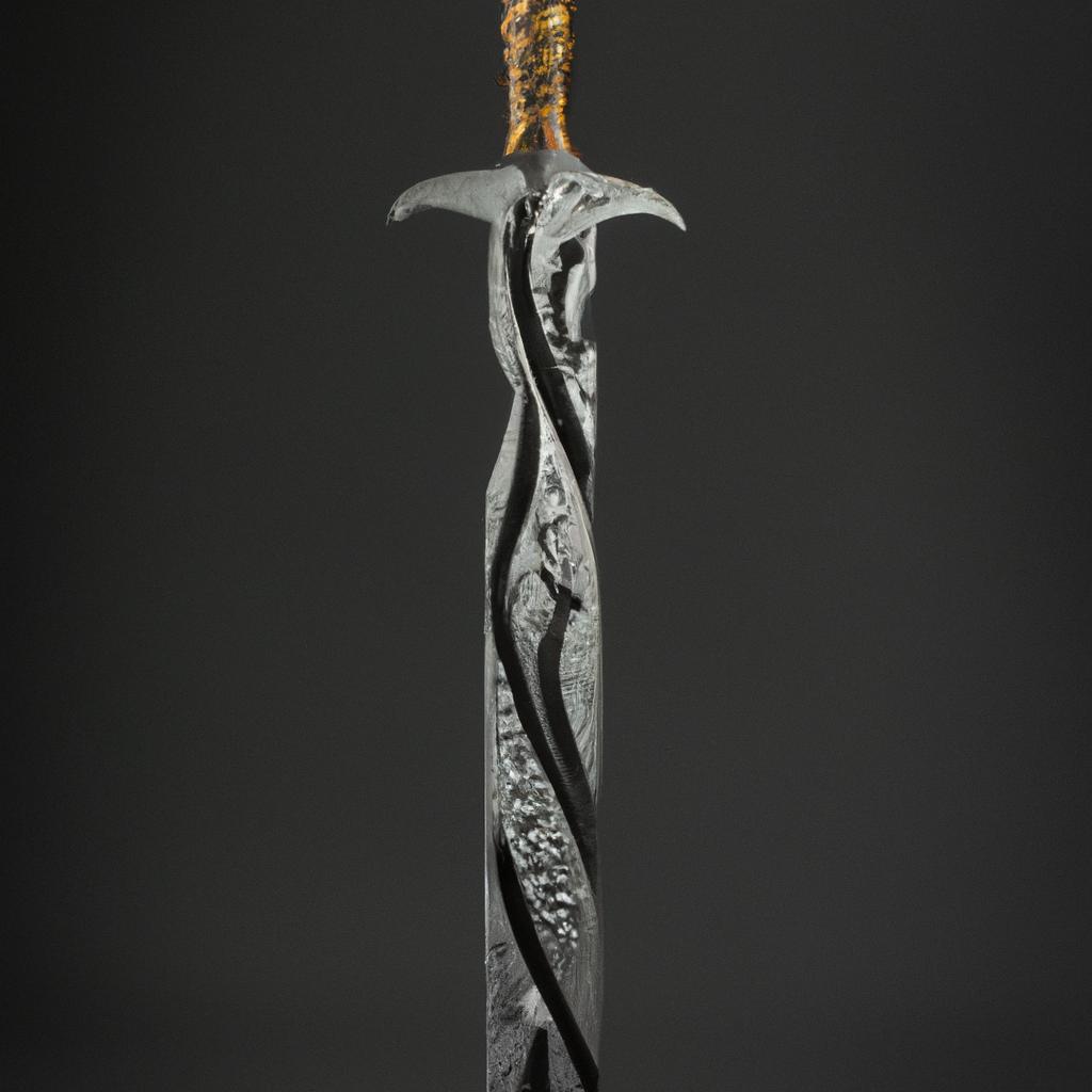 This sword sculpture is made from Damascus steel, a type of metal known for its unique pattern and strength.