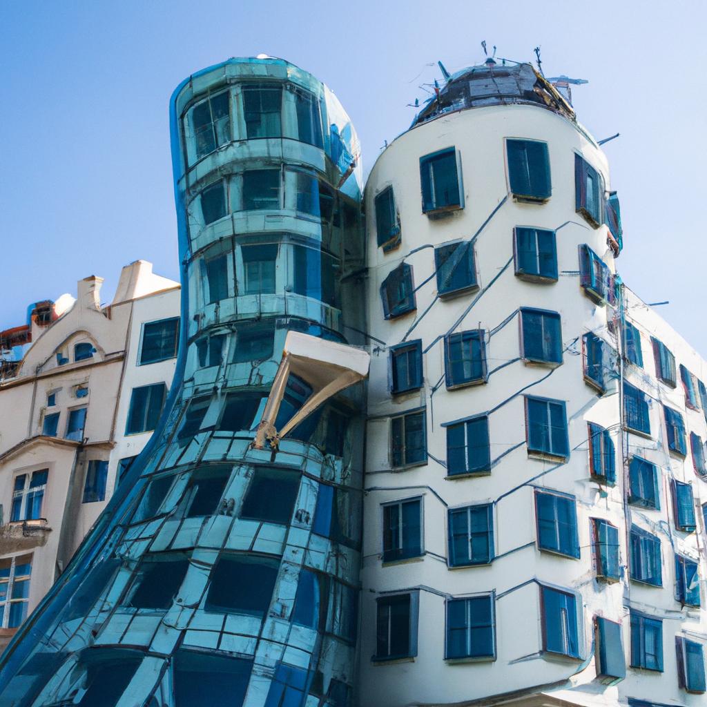 The Dancing House's playful design is accentuated by the bright blue skies of a summer day