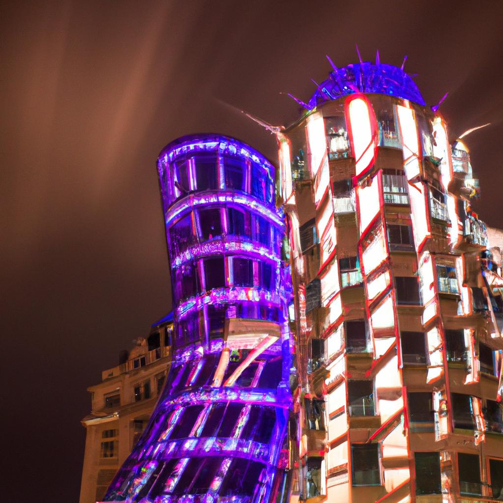 The Dancing Towers Prague light up the city's skyline at night.