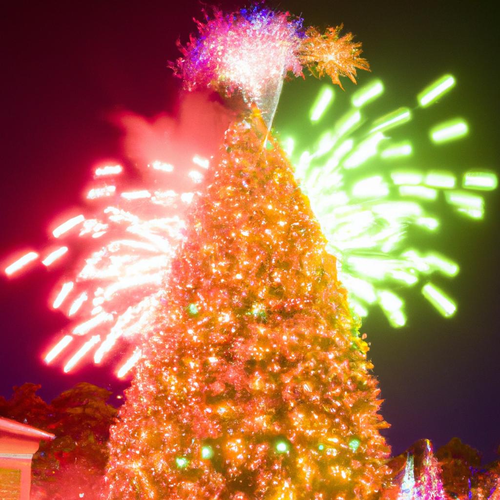 The tallest Christmas tree in the world is the centerpiece of a grand holiday celebration that includes music, dancing, and fireworks.