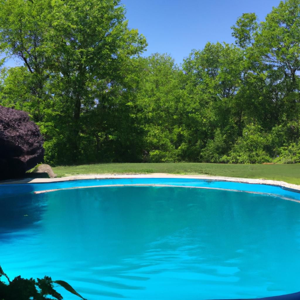 The deep blue color of this pond provides a beautiful contrast to the greenery surrounding it.