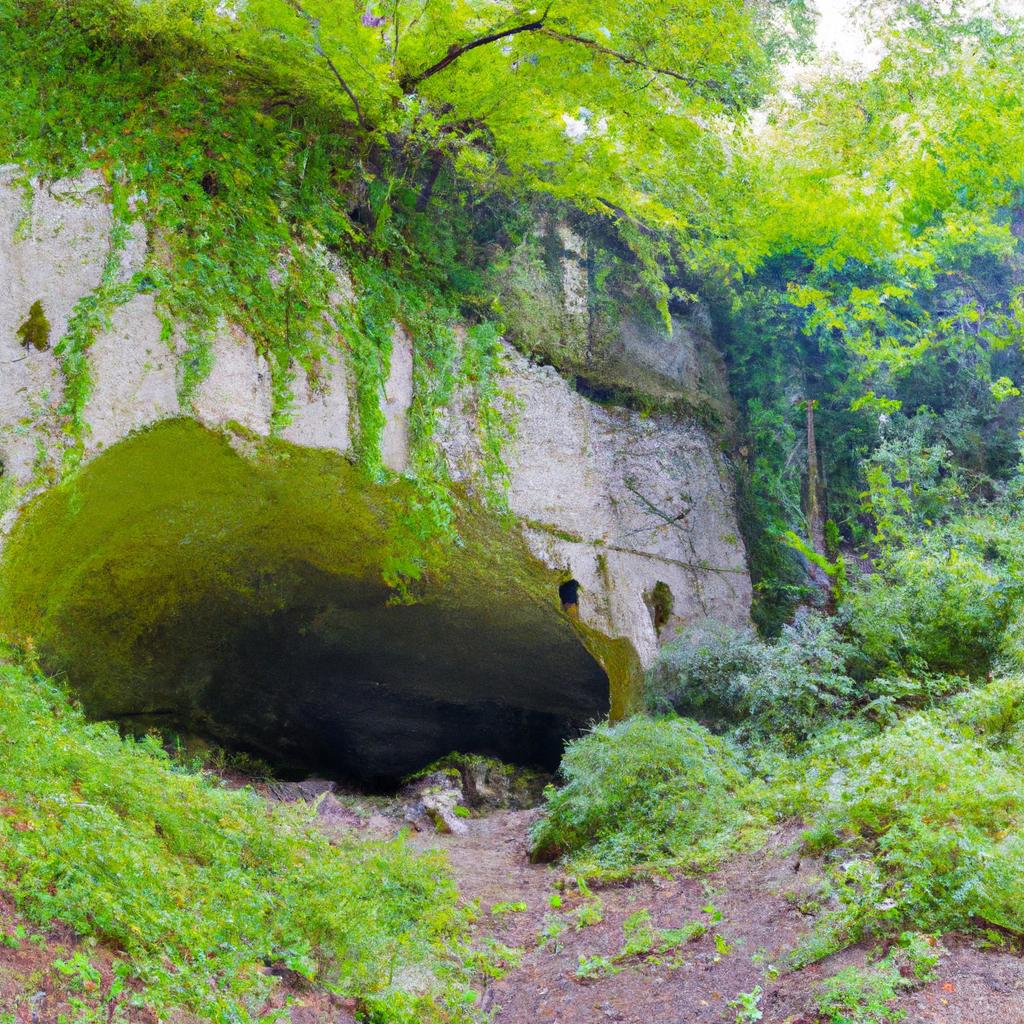 The entrance to the deep cave in Georgia is a beautiful sight, surrounded by lush greenery and natural beauty.