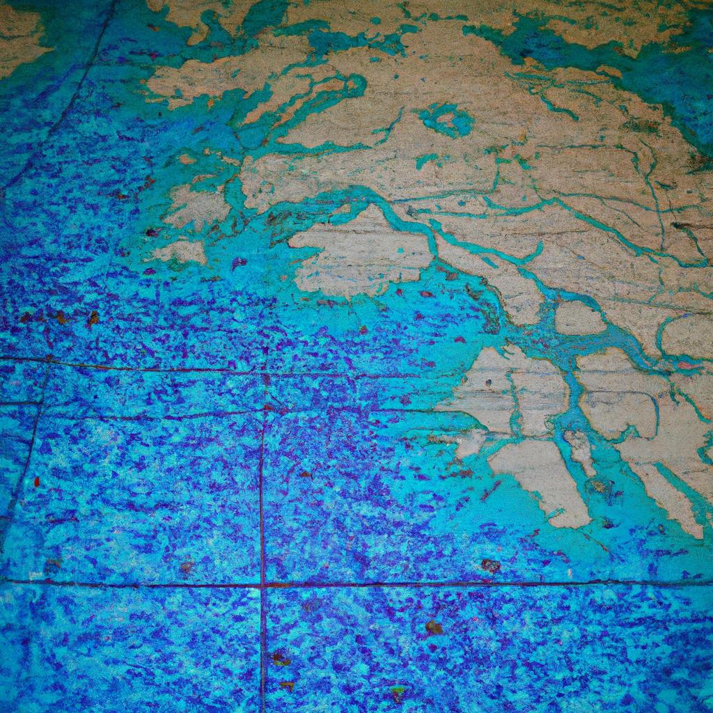 A close-up of a detailed map of the ocean floor created using sonar technology and submarine atlas.
