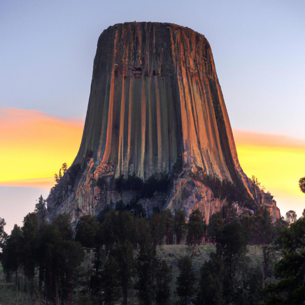 A breathtaking sunset over the silhouette of Devils Tower Mountain