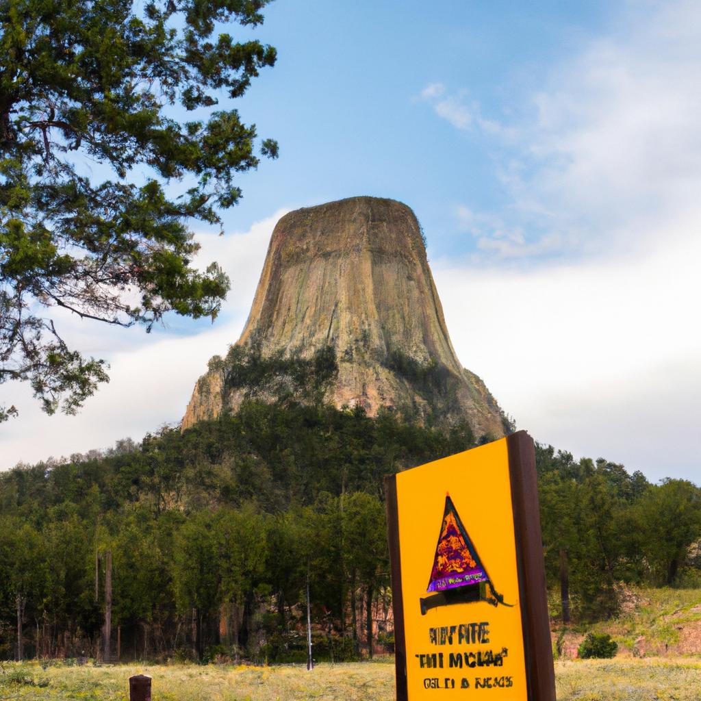 The iconic Devils Tower National Monument sign with the mountain in the background.